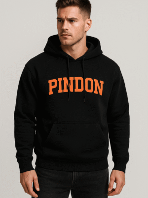 PINDON Men’s Black Pullover Hoodie with Hood – Streetwear Sweatshirt with Orange Front Logo Print