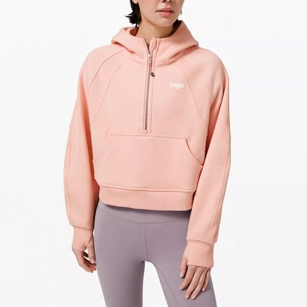 Women’s Pink Half-Zip Hoodie – Casual Streetwear Pullover Sweatshirt