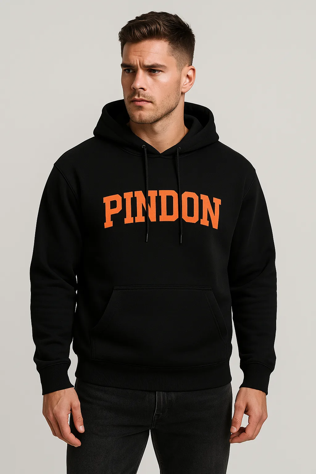 PINDON Men’s Black Pullover Hoodie with Hood – Streetwear Sweatshirt with Orange Front Logo Print