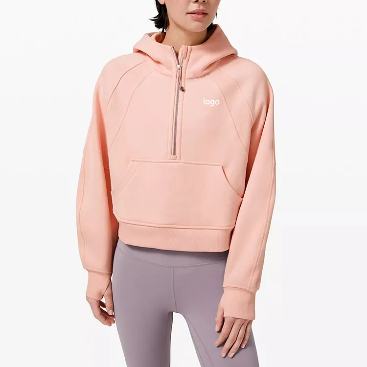 Women’s Pink Half-Zip Hoodie – Casual Streetwear Pullover Sweatshirt